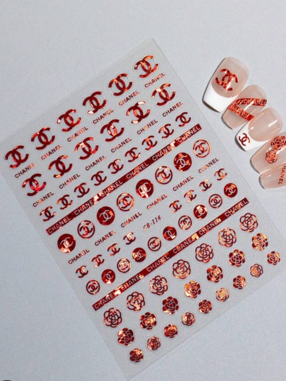 Metallic Red Logo & Camellia Nail Decal Sheet